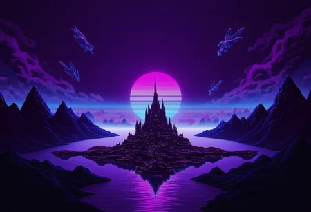 Pixel Art. The sky is a deep purple, with dark clouds drifting softly, glowing with a faint ethereal blue. Sharp towering mountains rise in the distance, their peaks covered in enormous crystals that reflect rainbows. Between the mountains flows a river of crimson red water,
In the distance, horrifying flying creatures with semi-transparent wings flash in shades of blue and violet. Among the trees, a floating city rests on islands floating in the air, connected by glowing energy bridges. The buildings of the city seem to be made of dark marble that shines an unnatural glow, adorned with intricate ebony details and towers that appear to reach the sky.
The atmosphere is magical and evil, as if the very air is alive with the energy of the place.