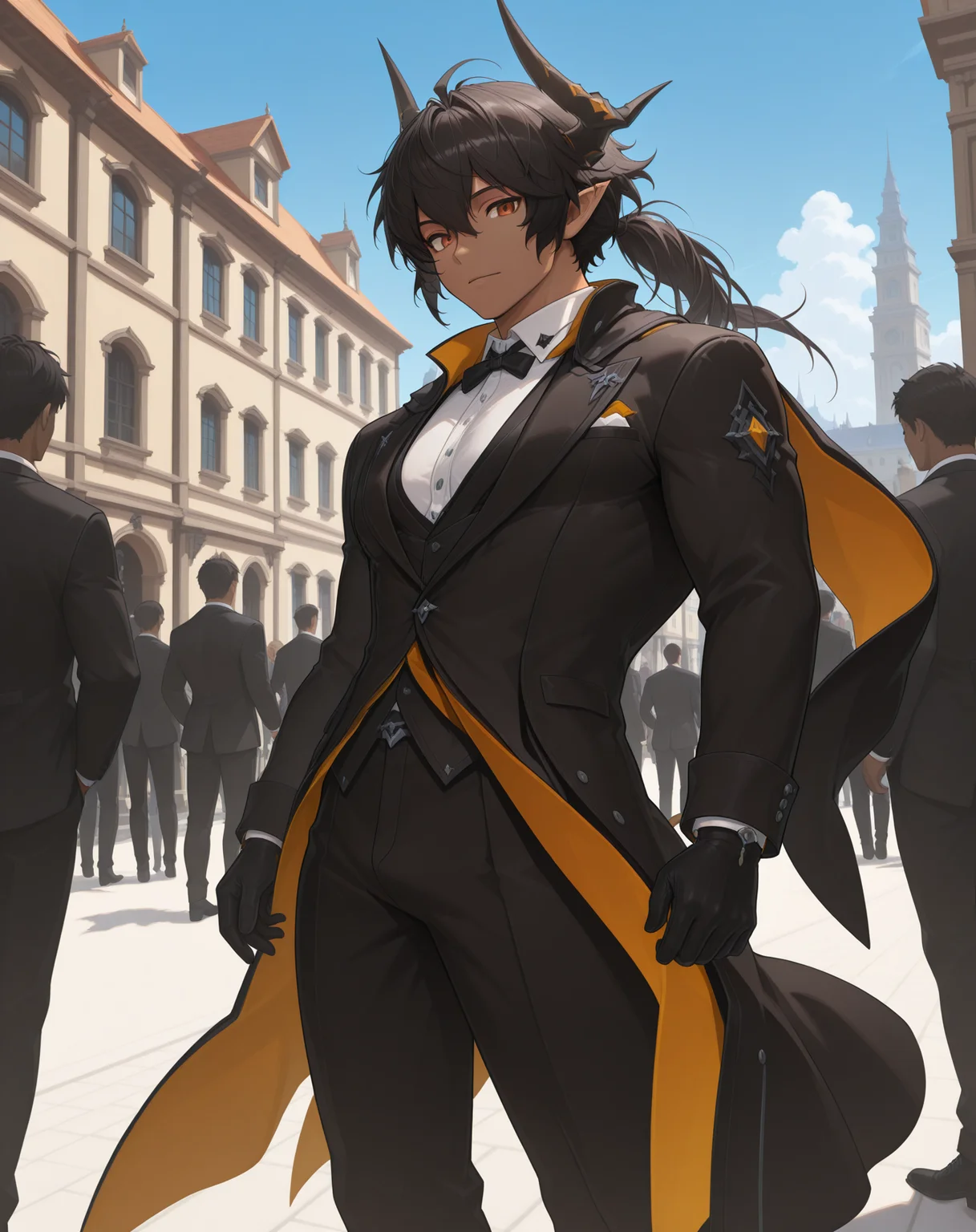 masterpiece,best quality,amazing quality, newest, very aesthetic, absurdres,
1boy, solo, yaoi, male focus, looking at viewer, cowboy shot, standing,
<lora:Sol_Limit_Break:1> lbsol, dark skin, horns, dark-skinned male, pointy ears, black hair, orange eyes, muscular male, hair between eyes, ponytail,
formal, tuxedo, neck ribbon, white shirt, collared shirt, black pants, shoes, black footwear, suit jacket, black jacket,
outdoors, day, blue sky, building, people,