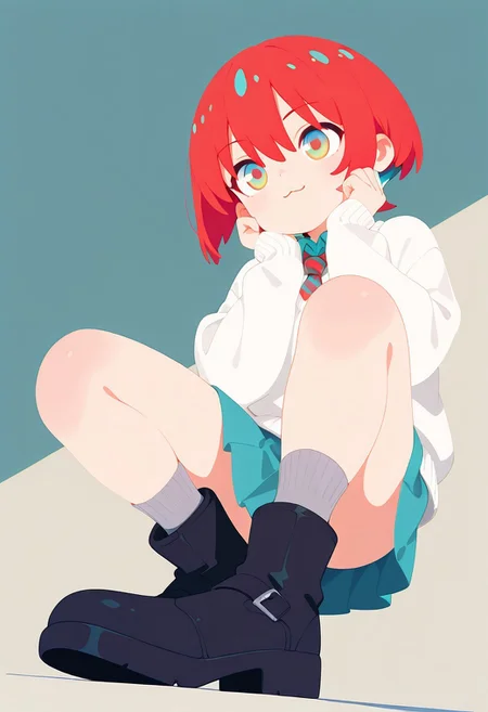 masterpiece, best quality, amazing quality, 1girl,
amate, red hair, multicolored hair, short hair, multicolored eyes, aqua shirt, striped necktie, white sweater, aqua skirt, grey socks striped red, black boots, :3,
squatting,
own hands on chin,
dynamic pose,
cowboy shot,
(from below:1.5),
foot focus,
colorful themes,
high saturation,
cute girl,
haiz_ai,
no lineart, no outline,