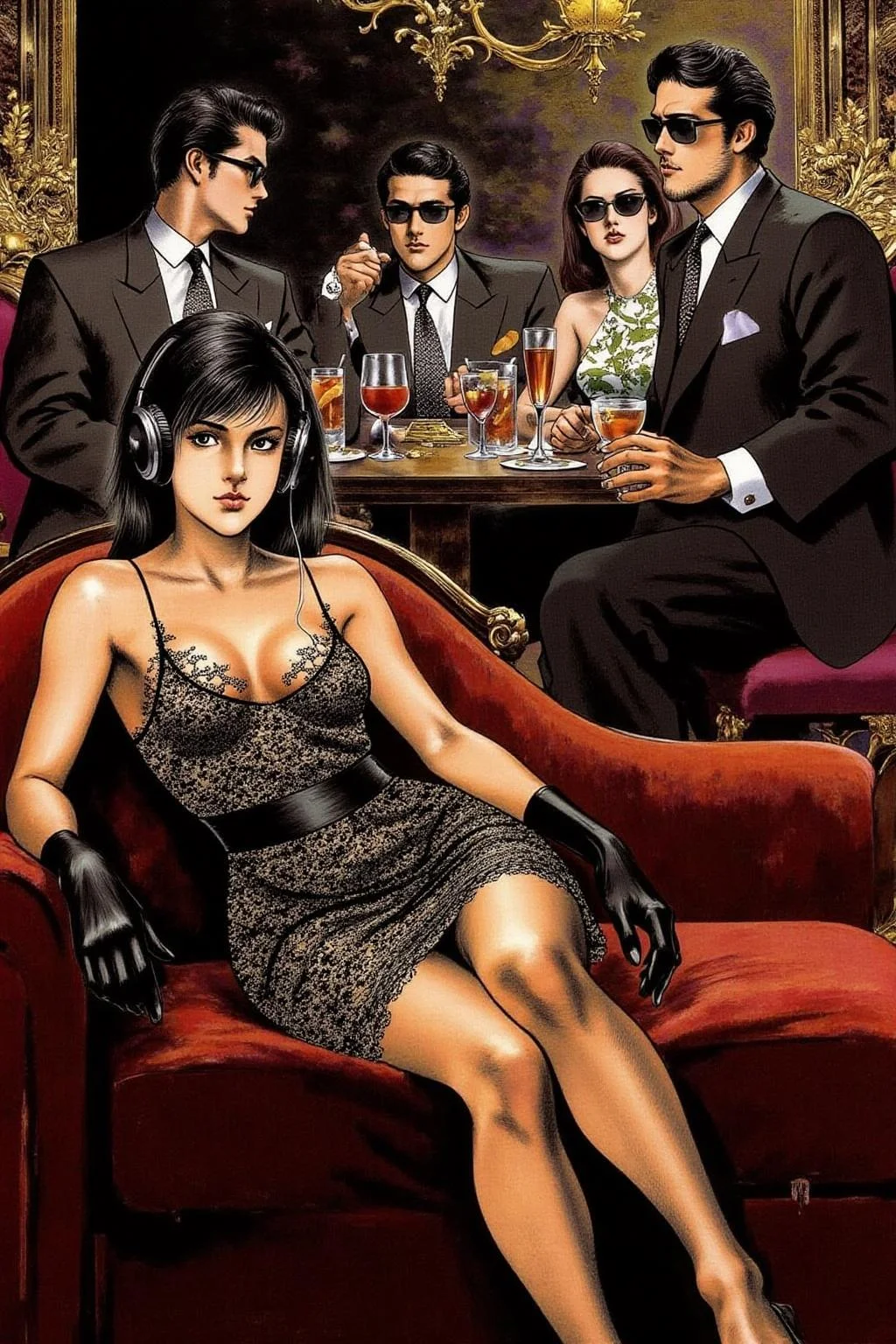 1keryo illustration.
A luxurious, dimly lit lounge set in 1970s Italy, exuding vintage charm and opulence. A stylish young woman in a lace dress, wearing oversized headphones, lounges on a plush velvet couch with an air of cool detachment. She dons sleek black gloves, embodying the effortless glamour of the era. In the background, a group of fashionable, well-dressed people in tailored suits and cocktail dresses sit around a table, enjoying drinks and conversation, all wearing sunglasses. The room is adorned with ornate gold decor, rich velvet textures, and the warm glow of dim lighting, evoking the chic sophistication of Italy's high society in the 1970s. <lora:1keryo1_cap_d6a3e12:1.0><lora:826552076847898535:0>