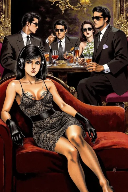 1keryo illustration.
A luxurious, dimly lit lounge set in 1970s Italy, exuding vintage charm and opulence. A stylish young woman in a lace dress, wearing oversized headphones, lounges on a plush velvet couch with an air of cool detachment. She dons sleek black gloves, embodying the effortless glamour of the era. In the background, a group of fashionable, well-dressed people in tailored suits and cocktail dresses sit around a table, enjoying drinks and conversation, all wearing sunglasses. The room is adorned with ornate gold decor, rich velvet textures, and the warm glow of dim lighting, evoking the chic sophistication of Italy's high society in the 1970s. <lora:1keryo1_cap_d6a3e12:1.0><lora:826552076847898535:0>