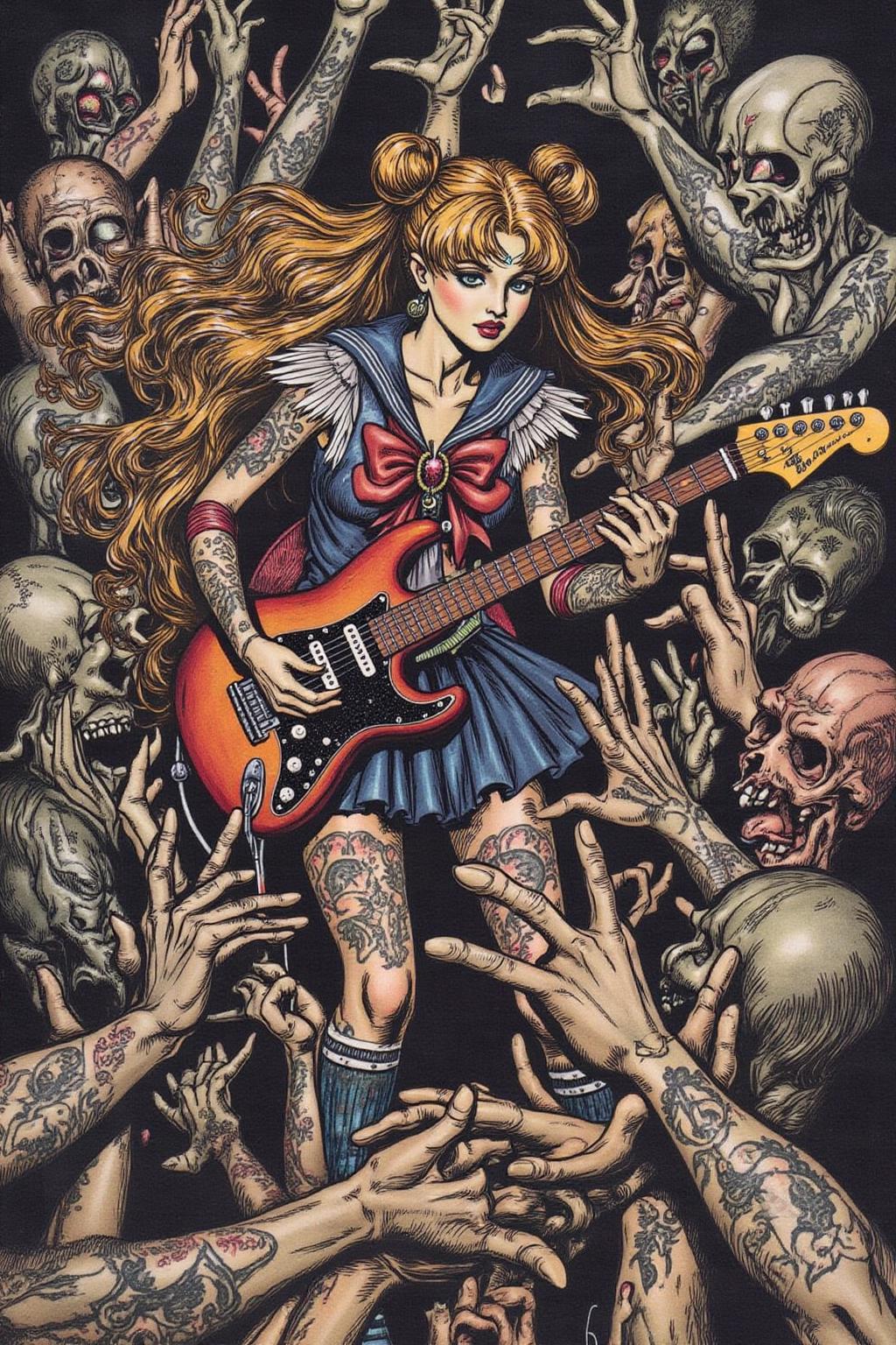 artrack1 illustration 
punk sailor moon playing a guitar at a heavy metal mosh pit, tattoos, pearcing. <lora:artrack1_nocap_d6a3:1.0><lora:812489378963190100:0>