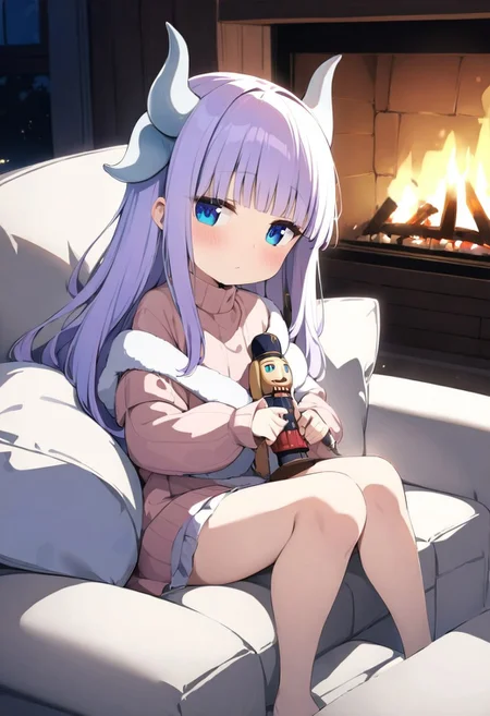 masterpiece, (Best quality:1.2), highres, (scenary:1.2), Dynamic light,, wooden,, living room,, Kanna_Kamui,, long hair, bangs, blue eyes, light purple hair, hair beads, dragon horn, horns,, holding a nutcracker, doll on the lap, fireplace flickering,, white ottoman sofa, sitting, lying on the sofa,, fluffy pillows, white carpet, flowers, lights,,