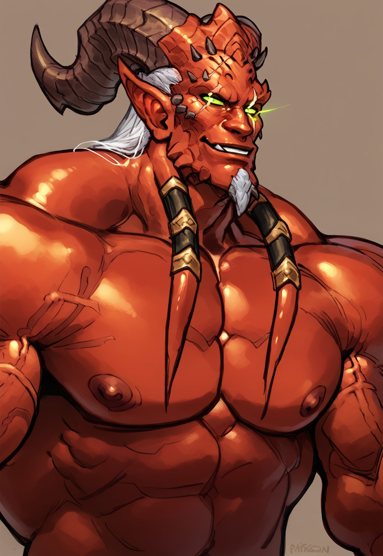 safe_pos, score_9, score_8_up, score_7_up, solo, 1boy, wow_kiljaeden, horns, pointy ears, glow green sclera, red skin, muscular, white hair, white goatee, eye scar, smirk, bara, huge pecs, portrait, side view, nude,
