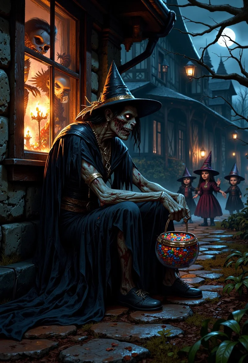 A tired zombie dressed in a Halloween costume sitting on a porch, a group of children walking up to her to play "trick or treat"