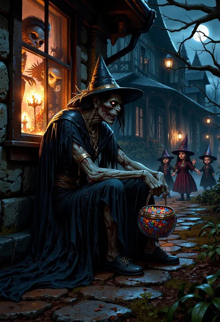 A tired zombie dressed in a Halloween costume sitting on a porch, a group of children walking up to her to play "trick or treat"