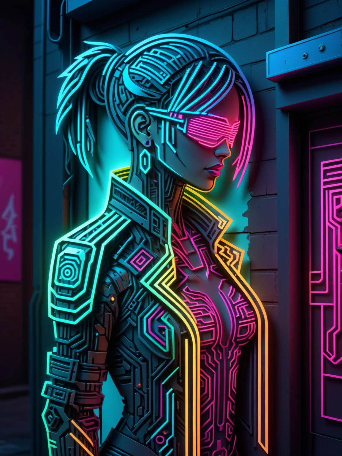 woman, glowing papercut, mad-cybrpprct1, cyberpunk, alley, neon lights <lora:Neon_Cyberpunk_Papercut_SDXL:0.7>, (masterpiece:1.2), best quality, (hyperdetailed, highest detailed:1.2), high resolution textures