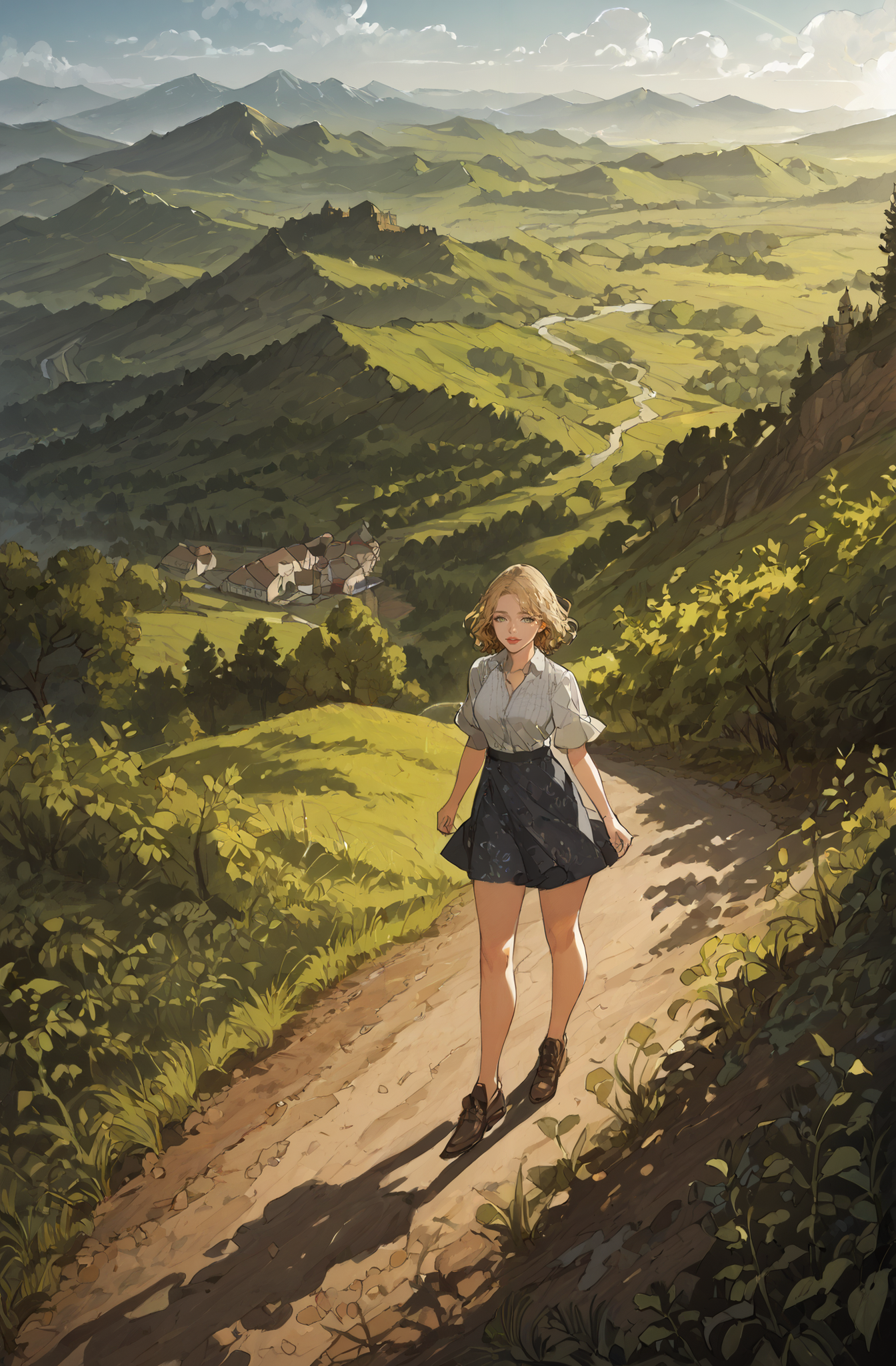 score_9_up, score_8_up, score_7_up, Casual, cell_shading, detailed, detailed background, masterpiece, best quality, highly detailed,
1 milf, (standing on top of a hill, from above:1.3), lens flares,
BREAK
fields, castle, mountains, dirt roads,
BREAK
1milf, black riped shirt, overall skirt, parted lips, blonde, wavy hair, medium length hair, crossing legs,
original,
<lora:incase---1:0.4> <lora:4t4rXLP:1> 4t4r <lora:DemizuPosukaXLP:0.8> DemizuPosuka