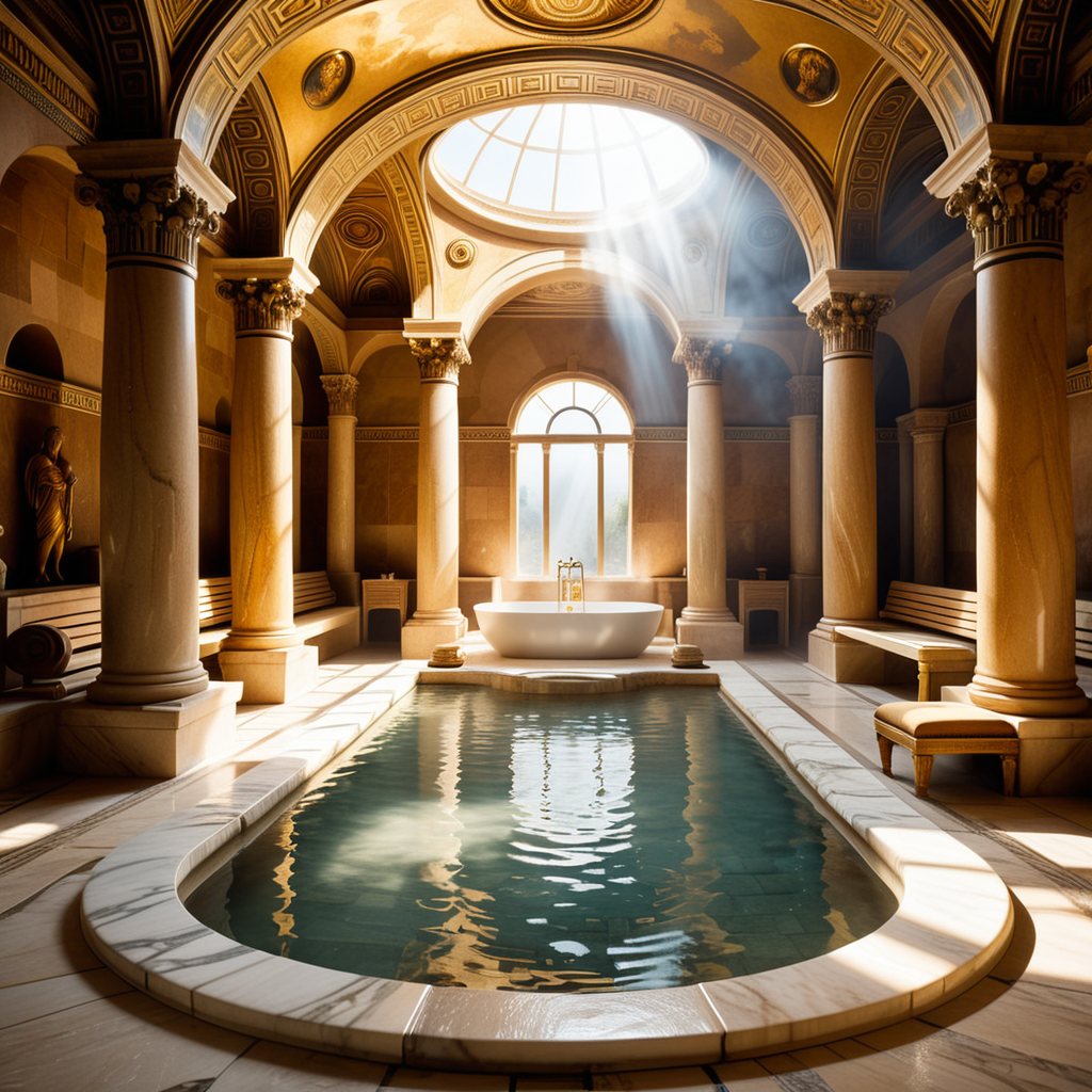 A highly detailed and realistic photograph of an ancient Roman sauna (thermae) from the time of Caesar, featuring grand marble architecture with intricate carvings and columns. The central bath is filled with steaming water, surrounded by polished marble tiles and mosaics depicting mythological scenes. The room is illuminated by natural light streaming through small openings in the high, domed ceiling, creating soft shadows and reflections on the water's surface. The atmosphere is hazy from the steam, and a few individuals dressed in Roman togas and tunics can be seen reclining on benches or chatting near the bath. The overall color palette includes shades of white, gold, and earthy tones, emphasizing the luxurious and serene environment.<lora:SDXLFaeTastic2400:0.4> <lora:extremely_detailed:0.4> extremely detailed, Masterpiece,best quality,hi res,8k,hi res,8k,award winning,(sharp focus, intricate, highly detailed),