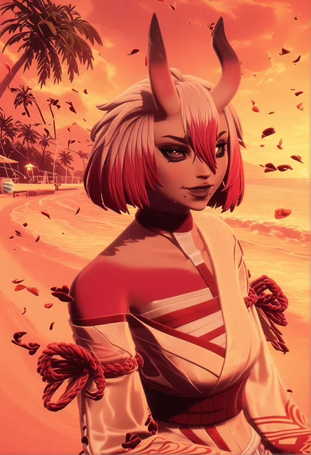 GLSHS,delicate colors,partially illuminated, (masterpiece, absurdres, very awa:1.4), golden hour, orange theme, sunset, beach, rocks, beach ball, sand, palm tree, smug, looking at viewer, female focus, (portrait:1.3), fortniterestorednightrose, 1girl, short hair, long hair, bob cut, pink hair, red hair, white hair, multicolored hair, two-tone hair, hair between eyes, yellow eyes, red eyes, white eyes, black sclera, colored sclera, black eyes, makeup, smile, closed mouth, mole, two moles, mole under mouth, moles under mouth, two moles under mouth, horns, oni horns, armor, japanese armor, bare shoulders, off shoulder, wide sleeves, long sleeves, kimono, sarashi, sash, obi, gloves, red gloves, rope, shimenawa, white pants, colored skin, white skin, red skin, white boots, water, wet skin, towel draped around body, cleavage, steam, gentle ripples in water, warm lantern glow, flower petals floating on water, <lora:GLSHS-IL:1.3>, <lora:Fortnite_The_Night_Rose_All_Outfits_ILXL:1.1>, <lora:dmd2_sdxl_4step_lora:1>