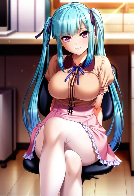 masterpiece, best quality, amazing quality,miyu takamine, pink eyes, blue hair, twintails, 1girl, solo, long hair,ribbon, breasts, hair ribbon, long legs, pink skirt, brown shirt, short sleeves, white pantyhose,closed mouth, light smile, sitting, crossed legs, looking at viewer, blurry background, indoors, office <lora:miyu takamineV1:1>