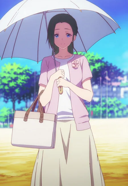 score_9, score_8_up, score_7_up, source_anime BREAK, 1girl, solo, haruhikosm, umbrella, blue eyes, bag, skirt, outdoors, smile, handbag, holding, shirt, black hair, blurry,day, holding umbrella, short sleeves, long skirt, white shirt, sky, standing, blue sky, jacket, closed mouth, looking at viewer, cowboy shot, dutch angle