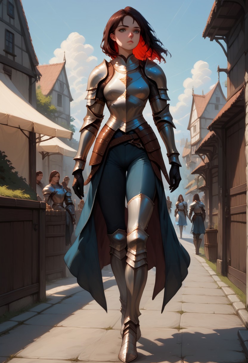 Alana, Knight, focused expression, detailed outfit, leather armor, walking down road, fantasy background,