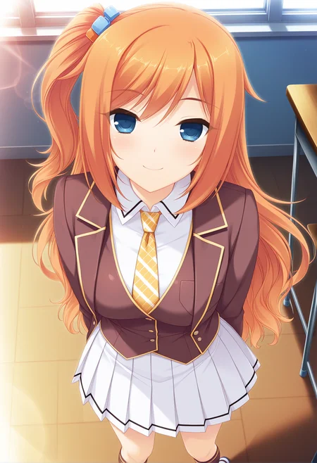 masterpiece, best quality, very aesthetic, absurdres,, anime, 1girl, solo, lewd, smooth,
medium breasts, orange hair, long hair, very long hair, side ponytail, blue eyes,
school uniform, blazer, brown jacket, brown vest, collared shirt, white shirt, long sleeves, plaid necktie, yellow necktie, pleated skirt, white skirt, kneehighs, brown socks, shoes, uwabaki,
standing, looking at viewer, smile,
classroom, lens flare, cinematic lighting, high high contrast, cowboy shot,
<lora:Sayori_Style_Saimin_Games_Illustrious:1> sayori_style
