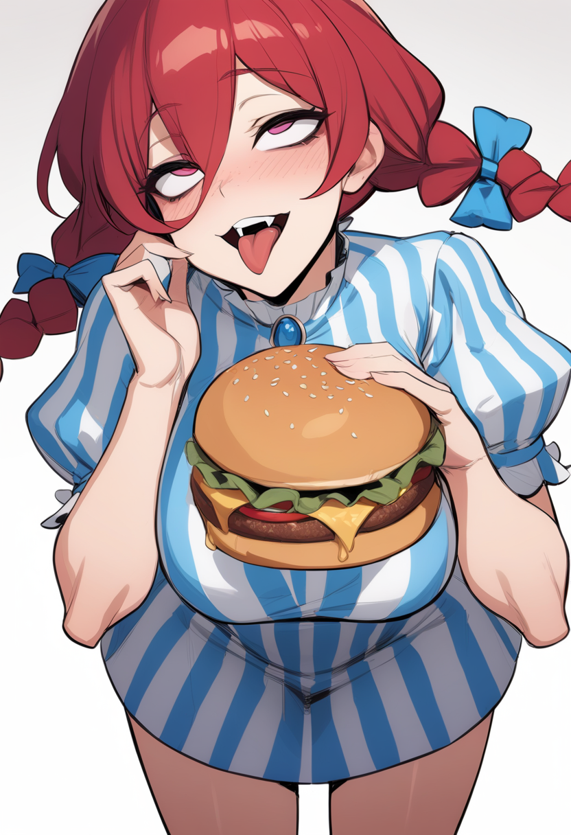 masterpiece, best quality, 1girl, ratatatat74,  <lora:fastfood_wendys_xl-000004:1> ffwendys, twin braids, hair bow, striped dress, striped sleeves, puffy sleeves, smile, open mouth, tongue, rolling eyes, large breasts, leaning forward, holding burger, upper body, standing