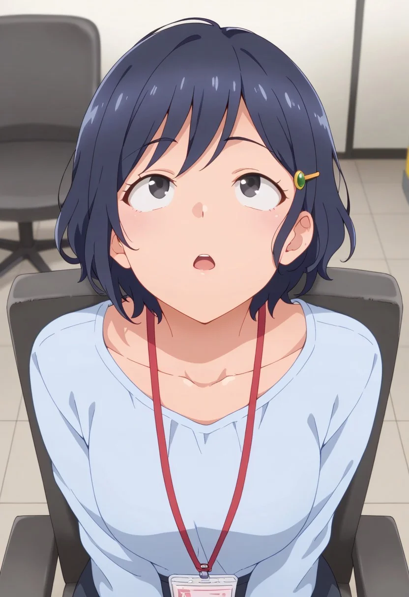 masterpiece,best quality,amazing quality,utou chiharu, short hair, dark blue hair, black eyes, 1girl, solo, hairclip, hair ornament, shirt, upper body, lanyard, collarbone, open mouth, looking up, chair