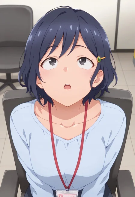 masterpiece,best quality,amazing quality,utou chiharu, short hair, dark blue hair, black eyes, 1girl, solo, hairclip, hair ornament, shirt, upper body, lanyard, collarbone, open mouth, looking up, chair