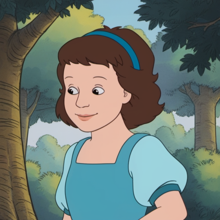1girl, solo, emlb1, short hair, brown hair, hairband, smile, blue dress, tree, <lora:emlb1:1>,