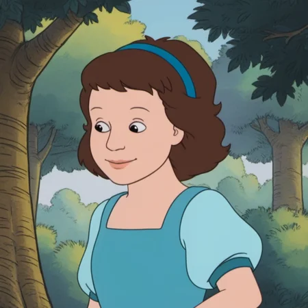 1girl, solo, emlb1, short hair, brown hair, hairband, smile, blue dress, tree, <lora:emlb1:1>,