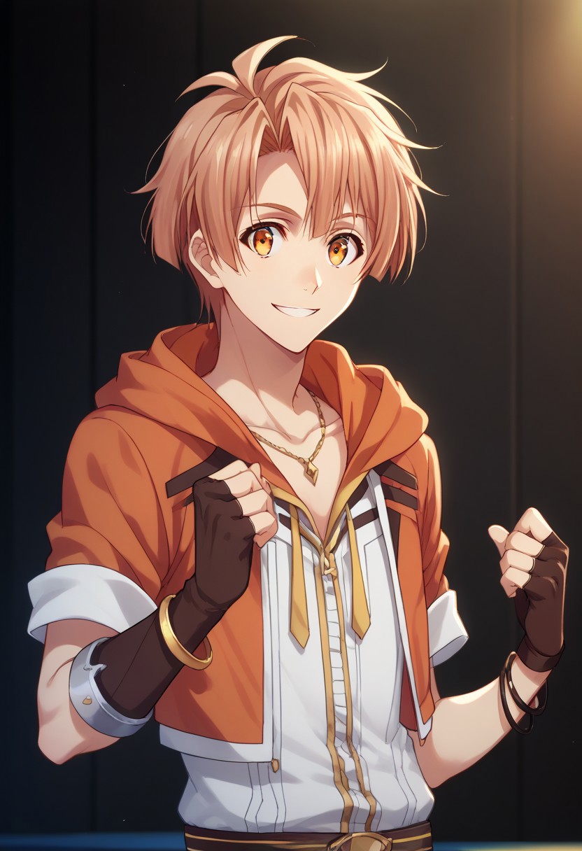 score_9, score_8_up, score_7_up, source_anime, highly detailed, 
mitsuki, 1boy, solo, male focus, gloves, fingerless gloves, jewelry, smile, hood, bracelet, upper body, orange hair, idol uniform, smile,
indoor, stage,