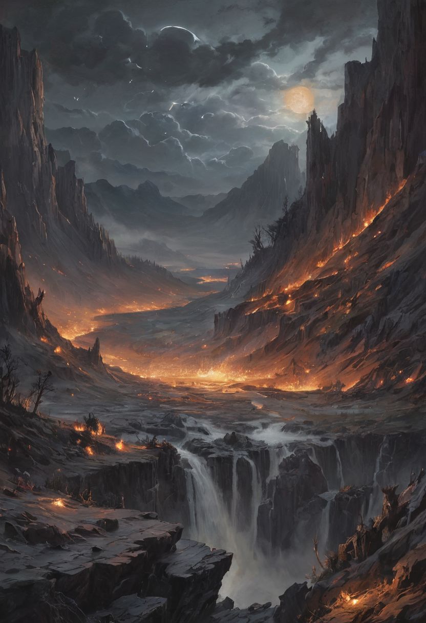 grotesque creatures, In a dramatic scene, a meteor shower lights up the night sky, turning it into a burning spectacle of fire and light. Meteors streak across the heavens, leaving trails of flame as they descend. Below, a wide valley is bathed in the fiery glow, the landscape illuminated by the falling celestial bodies. Each meteor blazes brightly, creating a stunning contrast against the dark sky. The valley is a mix of shadows and vibrant light, with the burning sky above transforming the serene landscape into a scene of awe-inspiring natural power. moonlit night.romantic impressionism, dream scenery art, beautiful oil matte painting, romantic, beautiful digital painting, anime landscape, romantic painting, dreamlike digital painting, colorful painting, thick brushstrokes characteristic, rough stroke,  beautiful gorgeous digital art, style Karol Bok, Brian Froud, Wendy Froud, Guy Davis, Sergio Sandoval