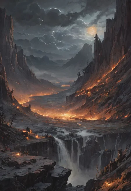 grotesque creatures, In a dramatic scene, a meteor shower lights up the night sky, turning it into a burning spectacle of fire and light. Meteors streak across the heavens, leaving trails of flame as they descend. Below, a wide valley is bathed in the fiery glow, the landscape illuminated by the falling celestial bodies. Each meteor blazes brightly, creating a stunning contrast against the dark sky. The valley is a mix of shadows and vibrant light, with the burning sky above transforming the serene landscape into a scene of awe-inspiring natural power. moonlit night.romantic impressionism, dream scenery art, beautiful oil matte painting, romantic, beautiful digital painting, anime landscape, romantic painting, dreamlike digital painting, colorful painting, thick brushstrokes characteristic, rough stroke,  beautiful gorgeous digital art, style Karol Bok, Brian Froud, Wendy Froud, Guy Davis, Sergio Sandoval