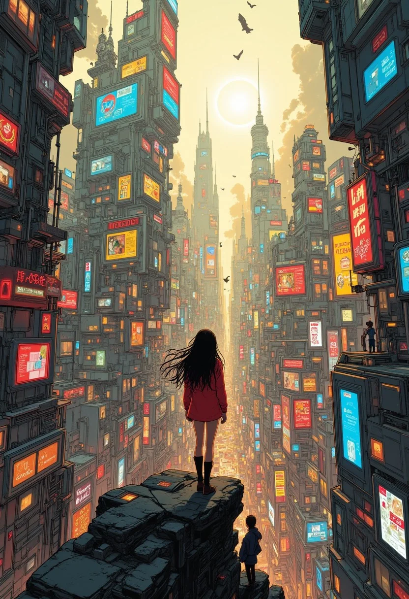 ff-enhance, ff-comic, Overlooking a futuristic city, A city that has withstood the ravages of time. Ephemeral and haunting, chaotic but peaceful. Beautiful, but unreachable. She reaches out into the distance. Darker grittier outlines.