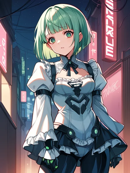 score_9,score_8,score_7,source_anime,rating_safe,<lora:Too_many_frills_pony:1>,too_many_frills,1girl,sci-fi bodysuit,on night alley with neon light,green bob cut hair,cyberpunk,