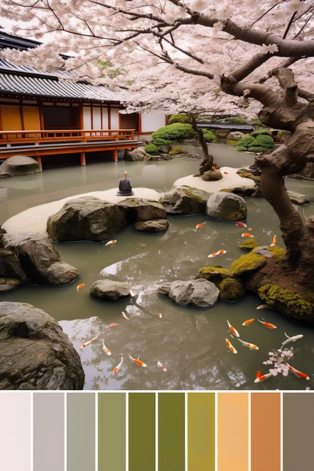 <lora:Cinema Color Palette:1>Color Palette - A tranquil Zen garden in Kyoto. Monks meditate by a koi pond, their chants harmonizing with the gentle rustle of cherry blossom petals.