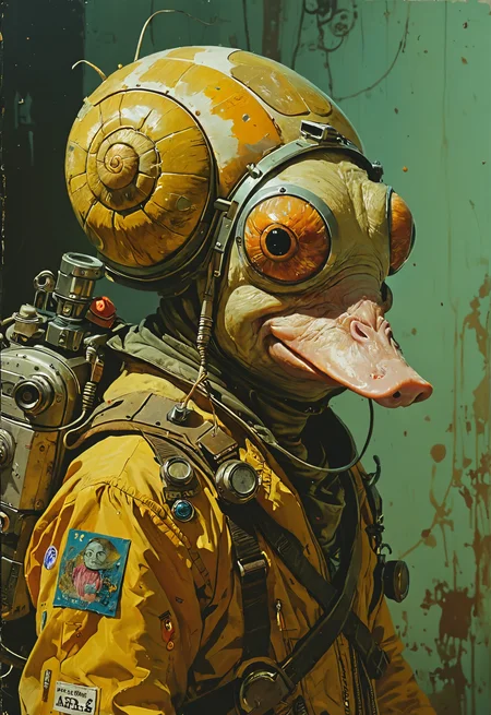 scifi alien creature , duck-pig-snail,portrait,Craig Mullins,Tadanori Yokoo, Robert Rauschenberg,aries moross <lora:Cyberpunk _Anime_V2_light_version-SDXL:1> <lora:add-detail-xl:1> <lora:Vintage_Street_Photo:0.3> <lora:Photoreal:3>