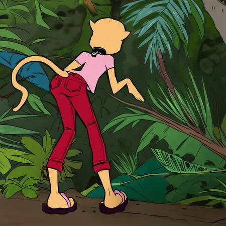 BrandiHarringtonSDXL, pink t-shirt, red jeans, sandals, collar, tail, butt, jungle