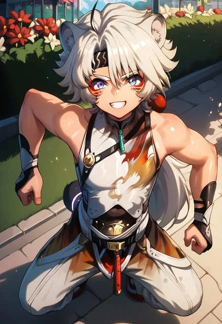 score_9, score_8_up, score_7_up, score_6_up, masterpiece, uncensored, best quality, amazing quality, best aesthetic, absurdres, intricate details, source_anime, yaoi, gay, full body BREAK 1boy(lingyang, white hair, low ponytail, purple eyes, red eyeliner, facial mark, animal ears), fighting stance, excited, smile, looking at viewer BREAK garden, st3rl5ghtbr9m2nce, morning, outdoors
