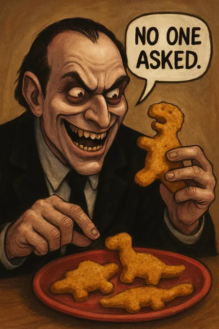 Dinosaur-shaped chicken nuggets being eaten by a evil man saying no one asked