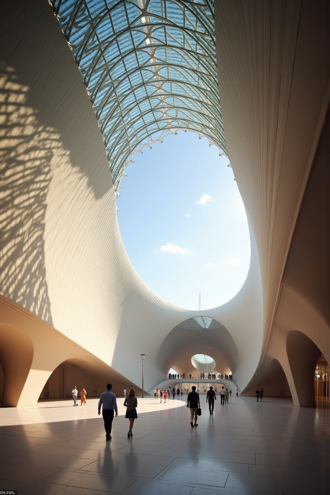 YFG-Sm0rg, Create an architectural rendering of the Museo Thyssen-Bornemisza in Madrid, Spain, designed by Spanish architect Santiago Calatrava, showcasing the building's sleek and modernist features. The image should capture the morning sunlight reflecting off the exterior glass façade, illuminating the intricate lattice-like patterns on the roof.
In the foreground, place a small group of visitors strolling through the entrance courtyard, providing a sense of scale and activity around the structure. Focus on the dramatic arched ceiling that soars above them, its steel beams supporting a transparent glass roof that filters in natural light.
The building's abstract, biomorphic design should be prominently featured, with the sweeping curves of the exterior walls evoking the movement of water or wind. Incorporate subtle textures and patterns to emphasize the interplay between solid and void, transparency and opacity, characteristic of Calatrava's signature style.
Include a few strategically placed streetlights casting long shadows across the courtyard, emphasizing the dynamic interplay between light and structure. The atmosphere should be one of serenity and contemplation, inviting viewers to appreciate the building's unique blend of art and engineering.
Color palette:
- Warm beige tones for the exterior walls
- Cool blue-gray hues for the glass façade and roof
- Deep charcoal accents for the steel beams and structural details
Composition:
- Use a wide-angle lens to capture the expansive, airy feel of the interior courtyard
- Position the camera slightly above the entrance to emphasize the building's soaring ceiling and the flow of visitors through the space