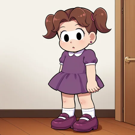 indoors,  <lora:DeniseV2:1> denisetdm, 1girl, solo, black eyes, reddish-brown hair, twintails, short twintails, jewelry, earrings, dress, purple dress, short sleeves, whit socks, shoes, purple footwear