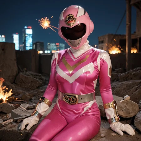 20yo, score_9, score_8_up, score_7_up, shiny oild skin,
sentaisaintforce, pink bodysuit, silver belt, white gloves, spandex, wing-shaped chest symbol, medium breasts, helmet removed, no headwear,
city ruin, rubble, sitting, night, explosion,
<lora:Saint_Force:0.8>