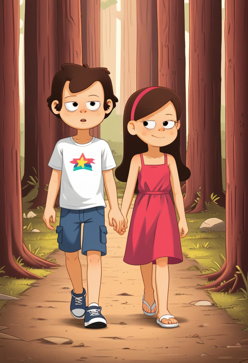 Well drawn, bold outline,
2d, vector, line, detailed, perfect hands,
Couple, siblings, gravity falls,
Mabel Pines, shorty, undersized, thin, petite, eyelashes, brown hair, long hair, pink hairband,
Dipper Pines, shorty, brown hair, short hair, 
Boy in denim shorts, white shirt and blue sneakers,
Girl in white sundress and white sandals,
Couple walking through forest, 
,