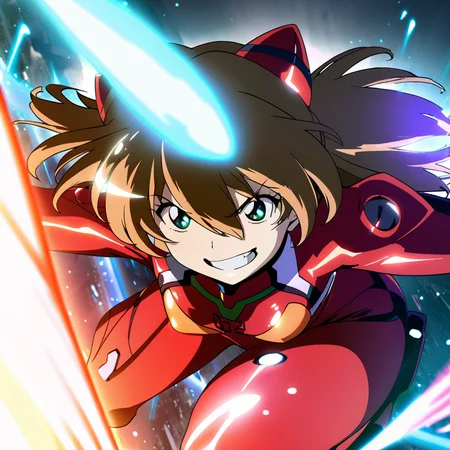 masterpiece, best quality,  <lora:tgm-xl-a3.1:1>,pixiv,1girl, souryuu asuka langley,plugsuit, pilot suit, red bodysuit, flying, grin,danmaku, glowing,
