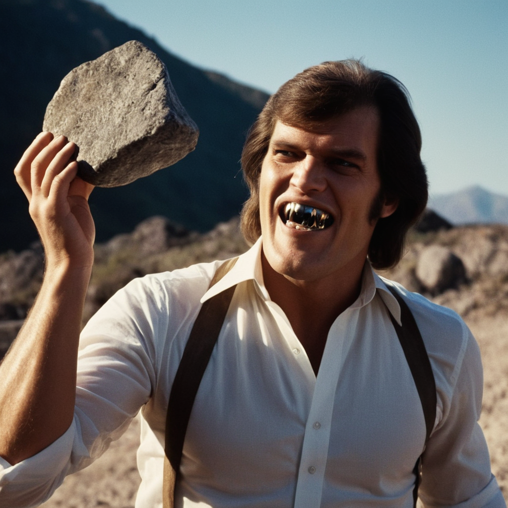 cinematic film still of  <lora:James Bond 007 style:0.9> detailed sharp image of
Jaws Richard Kiel vampire silver metal teeth a man holding a large rock over his head,solo,smile,short hair,open mouth,shirt,black hair,long sleeves,1boy,white shirt,upper body,male focus,teeth,collared shirt,black eyes,arms up,dress shirt,facial hair,suspenders,mustache,black border,wall , dramatic light, dramatic shadow light, contrast, cinematic color, cinematic look, filmic, realistic, realism, perfection, perfect, Kodak, Kodak film, movie still, spy film, action themed, espionage, James Bond style, James Bond film style, 007 style, 007 film style
 <lora:vampire teeth v3:0.2>, shallow depth of field, vignette, highly detailed, high budget, bokeh, cinemascope, moody, epic, gorgeous, film grain, grainy