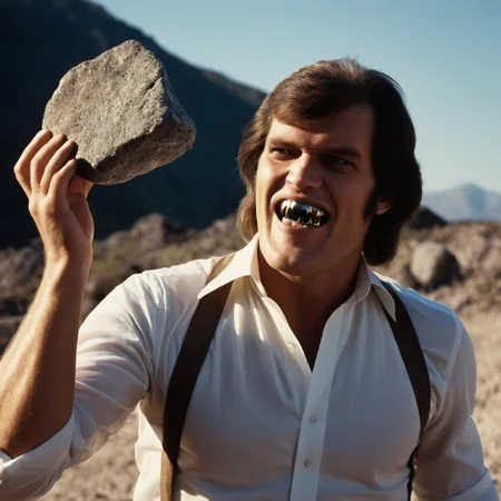 cinematic film still of <lora:James Bond 007 style:0.9> detailed sharp image of
Jaws Richard Kiel vampire silver metal teeth a man holding a large rock over his head,solo,smile,short hair,open mouth,shirt,black hair,long sleeves,1boy,white shirt,upper body,male focus,teeth,collared shirt,black eyes,arms up,dress shirt,facial hair,suspenders,mustache,black border,wall , dramatic light, dramatic shadow light, contrast, cinematic color, cinematic look, filmic, realistic, realism, perfection, perfect, Kodak, Kodak film, movie still, spy film, action themed, espionage, James Bond style, James Bond film style, 007 style, 007 film style
<lora:vampire teeth v3:0.2>, shallow depth of field, vignette, highly detailed, high budget, bokeh, cinemascope, moody, epic, gorgeous, film grain, grainy