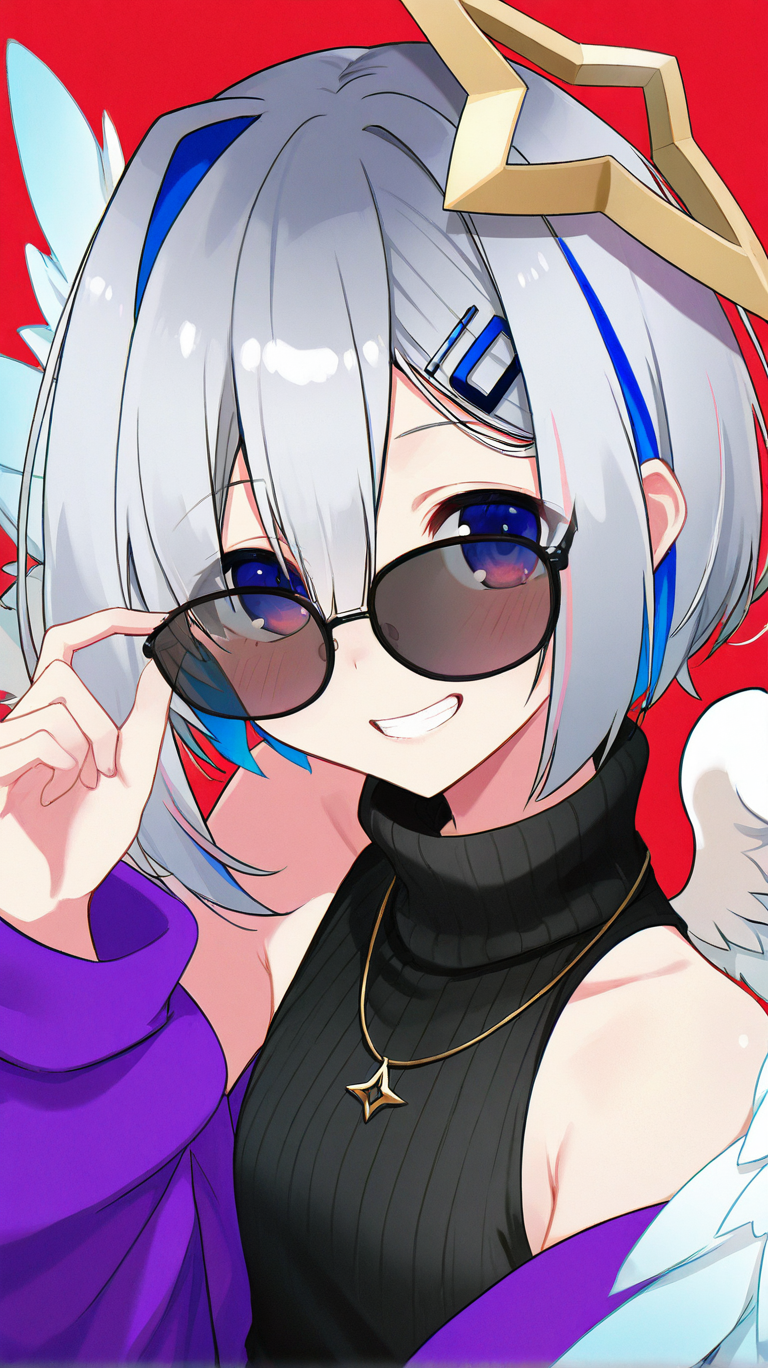 amane_kanata, 1girl, solo, looking_at_viewer, blush, smile, short_hair, bangs, simple_background, hair_ornament, long_sleeves, bare_shoulders, jewelry, blue_hair, purple_eyes, jacket, upper_body, grey_hair, multicolored_hair, open_clothes, wings, sleeveless, alternate_costume, hairclip, virtual_youtuber, necklace, off_shoulder, hair_over_one_eye, grin, sweater, open_jacket, streaked_hair, turtleneck, halo, sunglasses, bob_cut, eyes_visible_through_hair, feathered_wings, eyewear_on_head, red_background, ribbed_sweater, angel_wings, colored_inner_hair, turtleneck_sweater, white_wings, angel, adjusting_eyewear, black_sweater, purple_jacket, sleeveless_turtleneck, multicolored_wings, single_hair_intake, sleeveless_sweater, star_halo