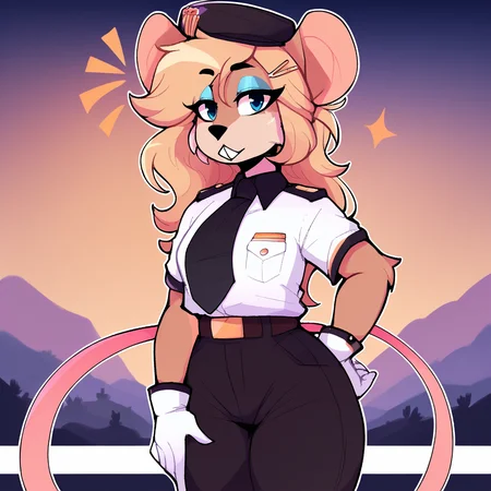 score_9_up, score_8_up, score_7_up, score_6_up, furry female, half-length portrait, by remanedur, ela novabay, female, furry, mouse, blue eyes, blue eyeshadow, blonde hair, long hair, tail, white gloves, headwear, (headgear), high heels, gesture, (salute), looking looking at viewer, hairclip, white uniform, standing, (solo), three-quarter view, head tilt, <lora:Leah_Pines(AIM)_XL_v1:1>, <lora:PDXL_artist_tags_v2_big:0.8> <lora:The-Minuscule-Task_PDXL_v1.0:0.8> <lora:Ela_Novabay_WirelessShiba:0.15>