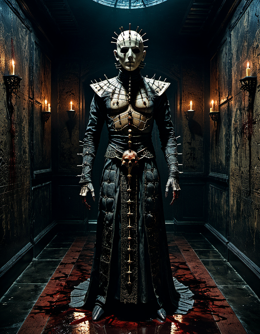 ((masterpiece)), 8k, horror-themed. eerie, unsettling, dark, spooky, suspenseful, grim, highly detailed. dark, mysterious, haunting, dramatic, ornate, and detailed, a creature similar to Pinhead from the film Hellraiser, standing in a dark and decaying room with blood on the walls and floor dimly lit, <lora:add-detail-xl:1> <lora:sdxl_lightning_4step:1>
