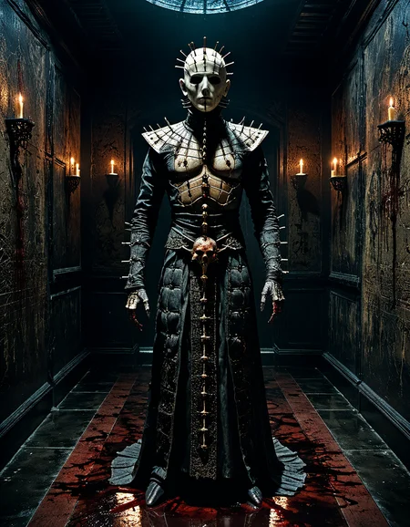 ((masterpiece)), 8k, horror-themed. eerie, unsettling, dark, spooky, suspenseful, grim, highly detailed. dark, mysterious, haunting, dramatic, ornate, and detailed, a creature similar to Pinhead from the film Hellraiser, standing in a dark and decaying room with blood on the walls and floor dimly lit, <lora:add-detail-xl:1> <lora:sdxl_lightning_4step:1>