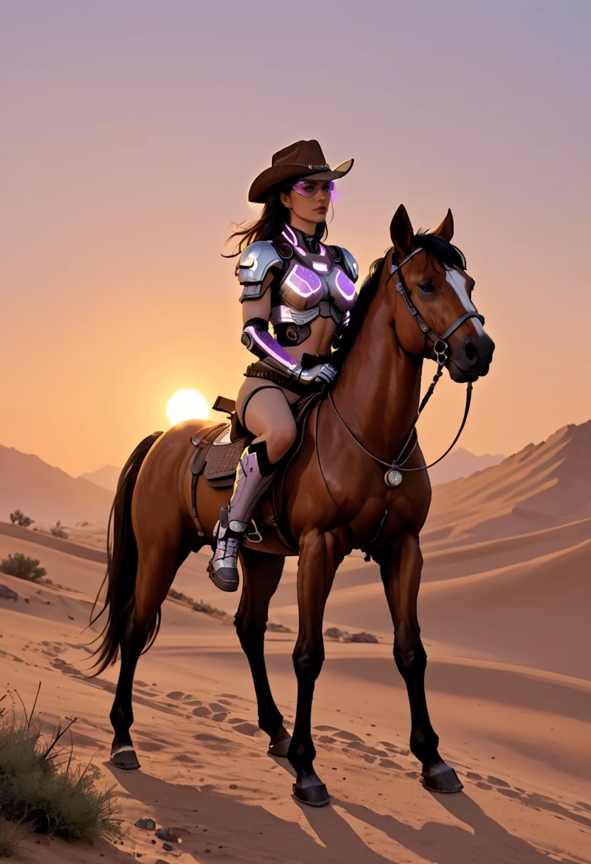 score_9,score_8_up,score_7_up,score_6_up,1girl,solo,cowboy hat,futuristic armor,purple glowing lights,horseback riding,desert,sunset,dramatic lighting,cyberpunk,visor,high-tech,full body,horizon,futuristic cowboy,purple accents,sci-fi,glowing lines,<lora:pony-jou5te-black outlines-dark green backgroudç¾æ¼«æ´è±é»å¾è¾¹Lora:0.5>,<lora:pony-knva-halftone effect-retro artstyleèµåå
è飿 ¼äºç»´Lora:0.5>,<lora:pony-å¼å
°å
èµµç¾æ¼«äººç©-Lora:0.5>,<lora:colored,monochrome,xenotr1p,åè²é£æ ¼v2-loar-pony:0.5>,<lora:SDXLæå
¶è¯¦ç»Lora:1>,<lora:Ponyç»èè°è_DetailV2.0-Lora:1>,