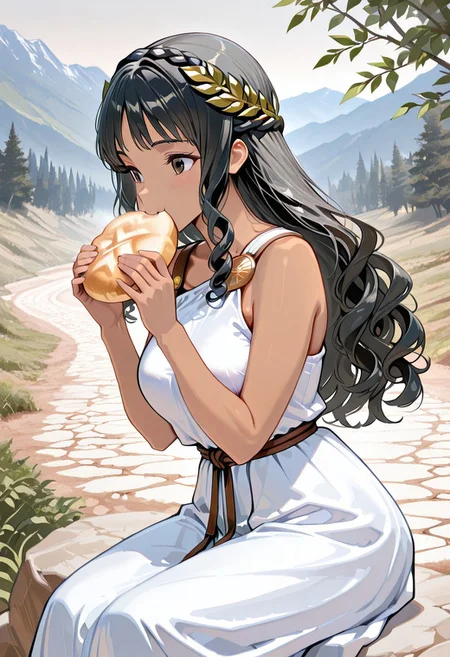 masterpiece, best quality, amazing quality, girl, black hair, brown eyes, portrait shot, long hair, curly hair, bangs, medium breasts, perfect eyes, 8k, highest quality, ultra details,1girl, solo, perfect brown eyes ,long black hair, crown braid, tan skin, greek girl, medium breasts, green eyes, ancient greek women's clothing, (white chiton, long dress:1.3), covered breasts, 2 shoulder straps, bronze shoulder pins, brown string belt, green leafy laurel, sitting, rocky hill path background, grassy rocky mountain setting, noon time, happy, holding a pita bread, eating, from the side, goat herd, cowboy shot, outdoors