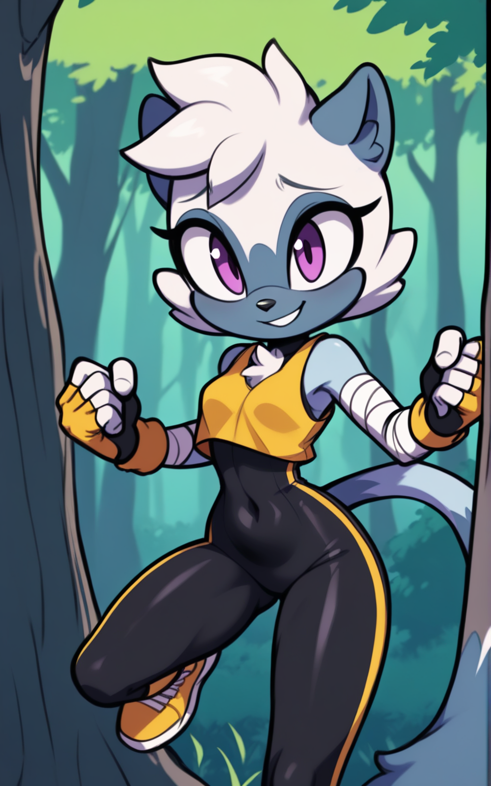 best quality, absurdres, <lora:BolivanteStyleITS:0.8>,   <lora:TTLITS:0.8>, TTLITS,furry female, furry, gloves, tail, animal ears, fingerless gloves,purple eyes, short hair, shoes,animal nose,white hair,bodysuit, bandages, yellow footwear, skin tight,blue fur, black bodysuit, Sleeveless,yellow crop top,solo,slim,Action pose,forest,smile