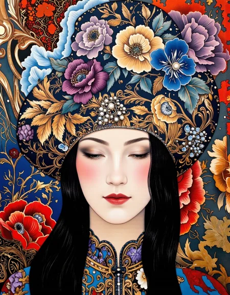 Art by Caroline Smith. A vibrant and colorful portrait of a woman with long black hair, adorned with intricate floral patterns and embellishments. the woman, positioned in the middle of the image, has her eyes closed and a serene expression, with her lips slightly parted. she is wearing a large, ornate hat with a floral pattern in shades of blue, purple, and gold, and adorned with a blue flower and a pearl brooch. her hair is styled in a long, flowing black hair that falls down her back, framing her face. the background is filled with a mix of abstract patterns and vibrant colors, including paisley, floral, and floral motifs, creating a sense of depth and texture. the art style is reminiscent of traditional chinese art, with a focus on the woman's face and the intricate details of her clothing and accessories.