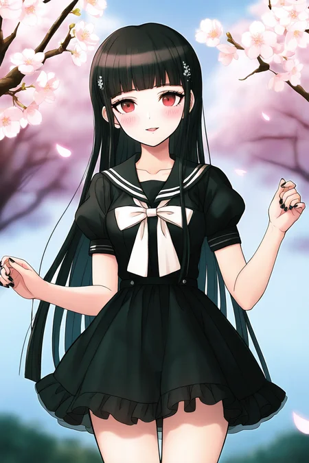<lora:dangansprite2:0.8>, dangansprite, 1girl, solo, dress, long hair, short sleeves, looking at viewer, cherry blossoms, black hair, bow, petals, black dress, blush, frills, nail polish, sailor collar, parted lips, puffy short sleeves, frilled dress, puffy sleeves, red eyes, flower, branch, cowboy shot, sailor dress, hands up, outdoors, bowtie, depth of field, short dress, see-through, blunt bangs, very long hair, fingernails, collarbone, white bow, standing, open mouth, tree, black nails, smile, thigh gap