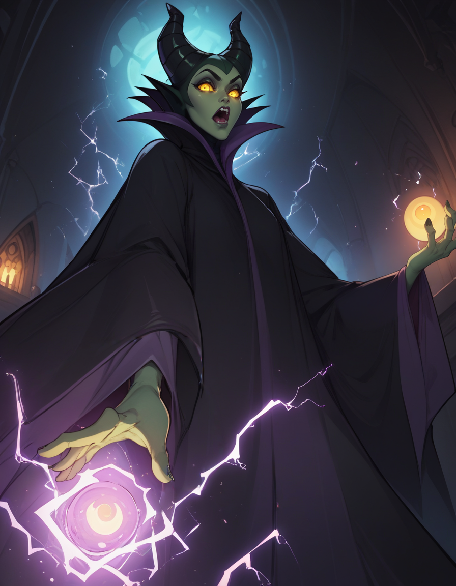 score_9, score_8_up, score_7_up,     
1girl, solo,
maleficentdg,
colored skin, yellow sclera, green skin,
horned headwear, wide sleeves, high collar, black cape, 
open mouth, 
from below, looking at viewer, glowing eyes, 
castle interior, night, magic, electricity, 
 <lora:Maleficent DG PXL v01-000003:0.90>